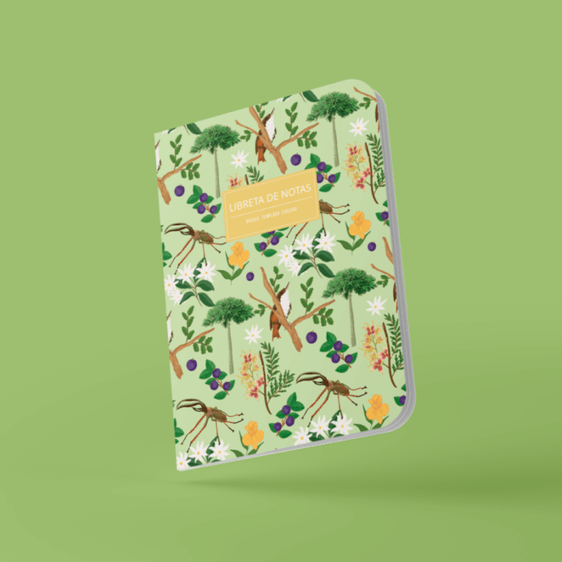 Libreta de notas Bosque Templado en ángulo inclinado con ilustraciones de flora y fauna nativa de Chile sobre fondo simple
