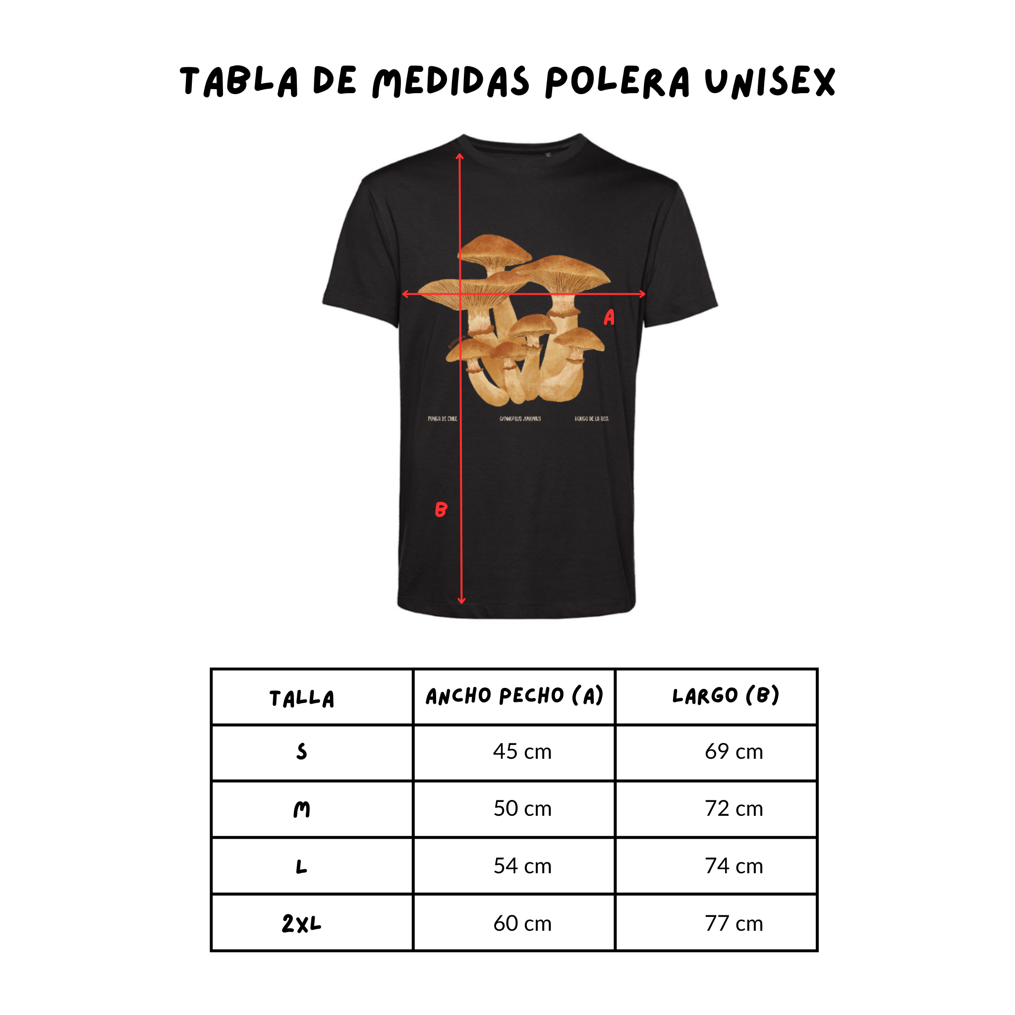 Polera unisex hongo de la risa negra en vista frontal, sobre fondo blanco con tabla de medidas