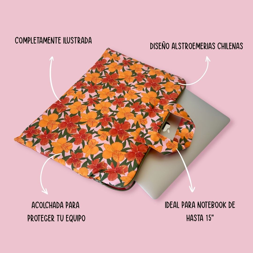 Funda notebook astromelias con diseño de flora nativa de Chile, vista de ángulo superior mientras protege un computador portátil