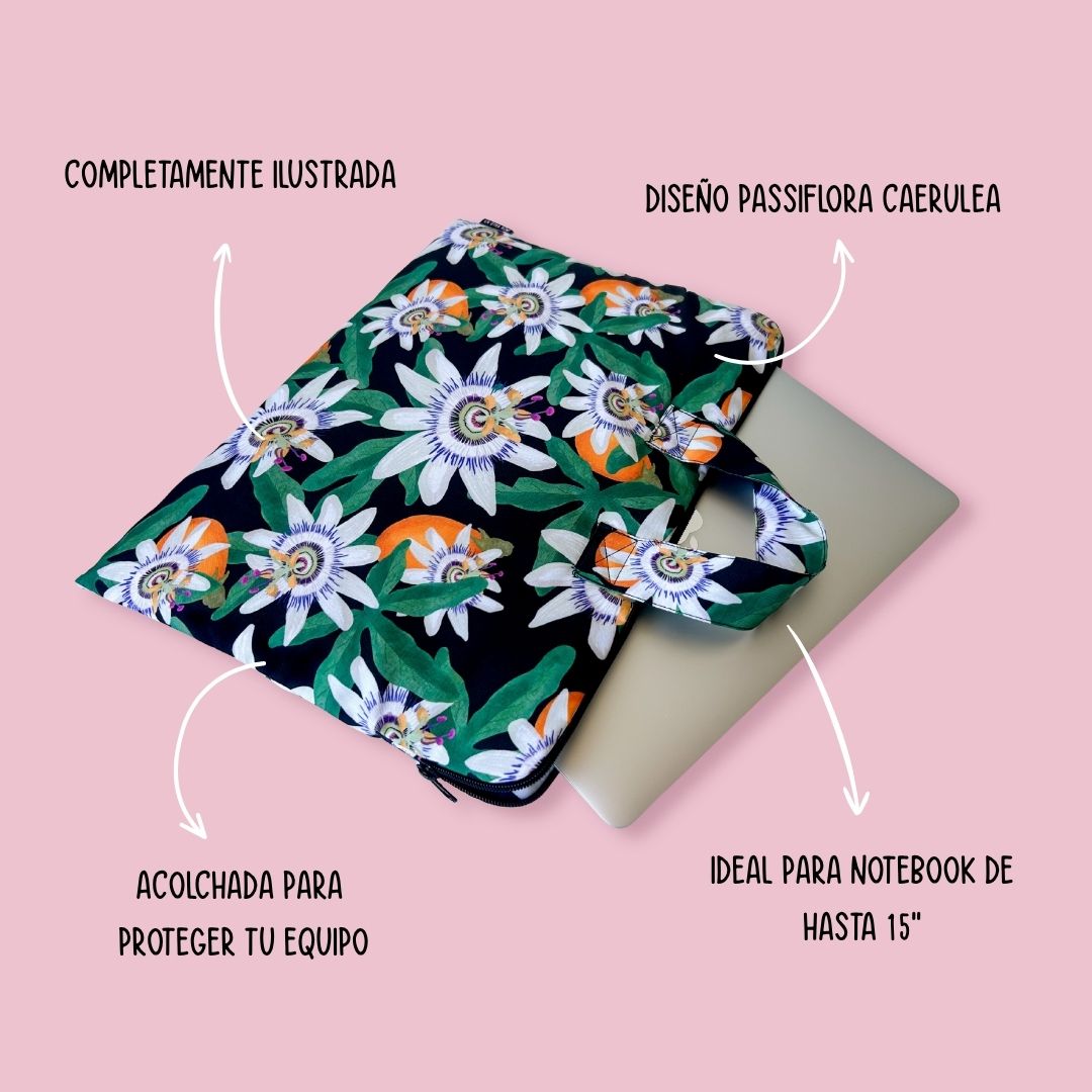 Funda notebook Pasionaria ilustrada con flora nativa de Chile, vista superior, acolchada para portátil de hasta 15 pulgadas