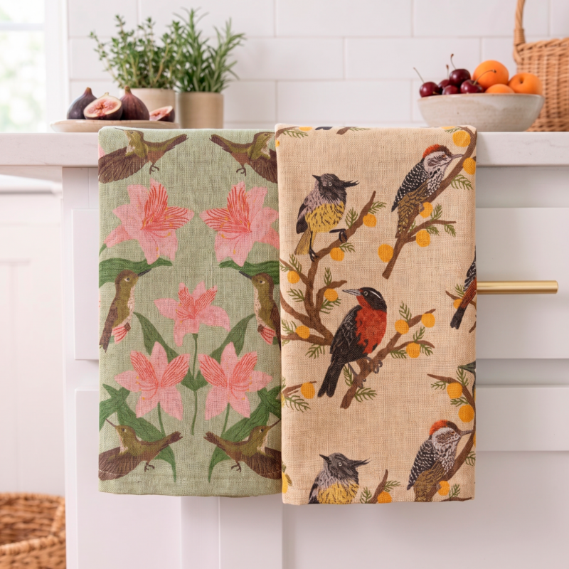 Pack de 2 paños de cocina, diseño aves de chile sobre mesón de cocina.